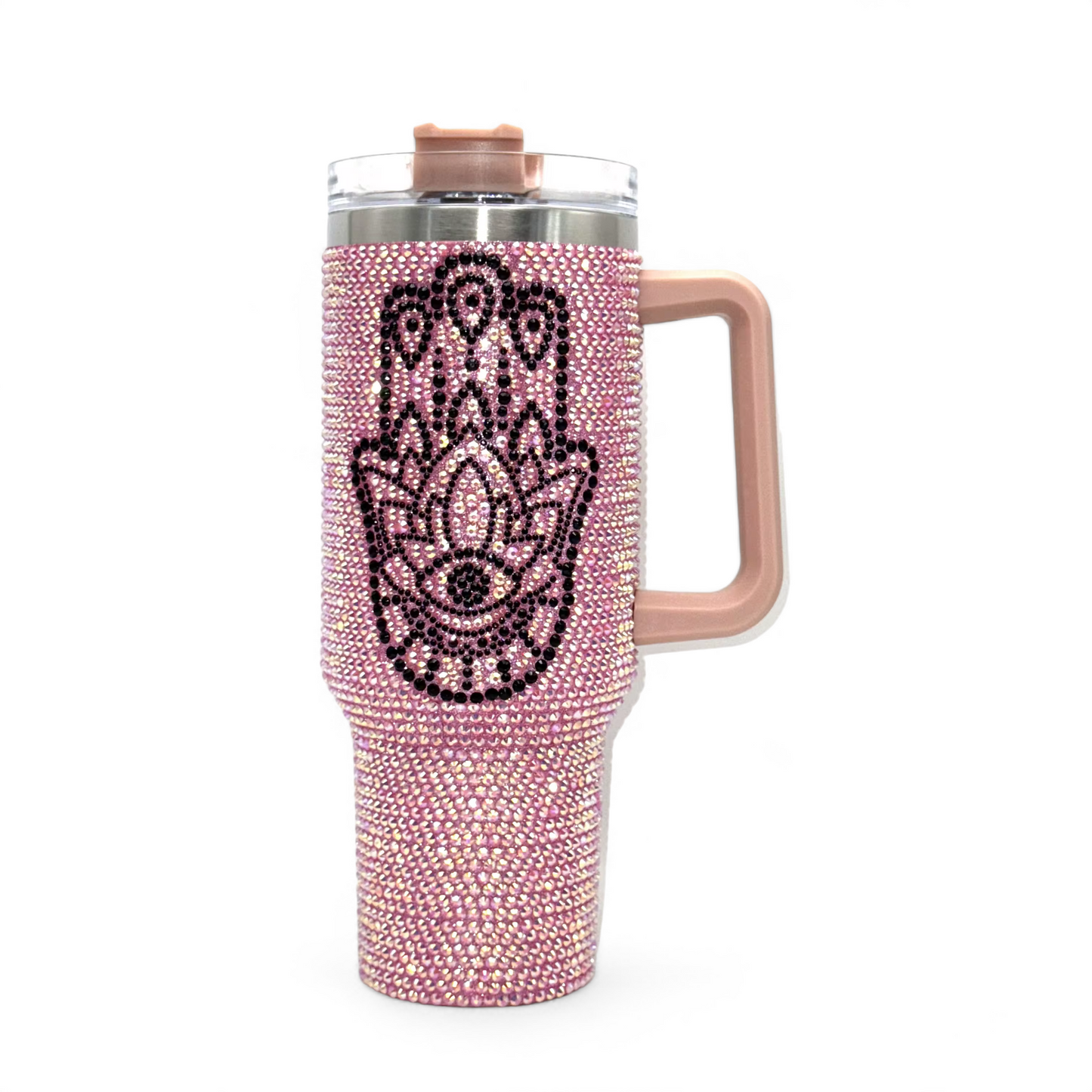 40oz Rhinestone Stainless Steel Insulated Travel Tumbler with Handle - Pink Hamsa