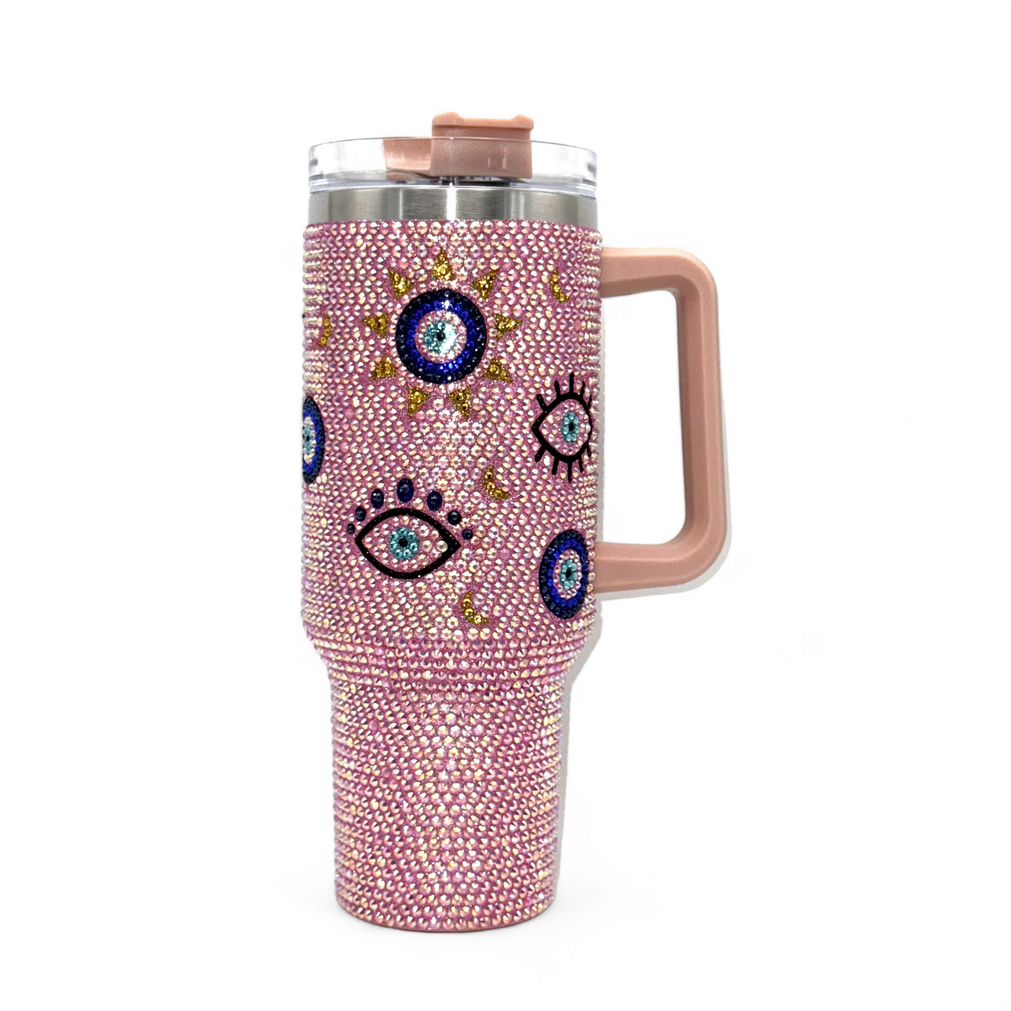 40oz Rhinestone Stainless Steel Insulated Travel Tumbler with Handle - Pink Evil Eye