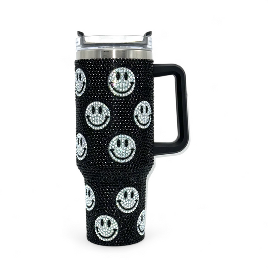 40oz Rhinestone Stainless Steel Insulated Travel Tumbler with Handle - Black & White Happy Face (Copy) (Copy)