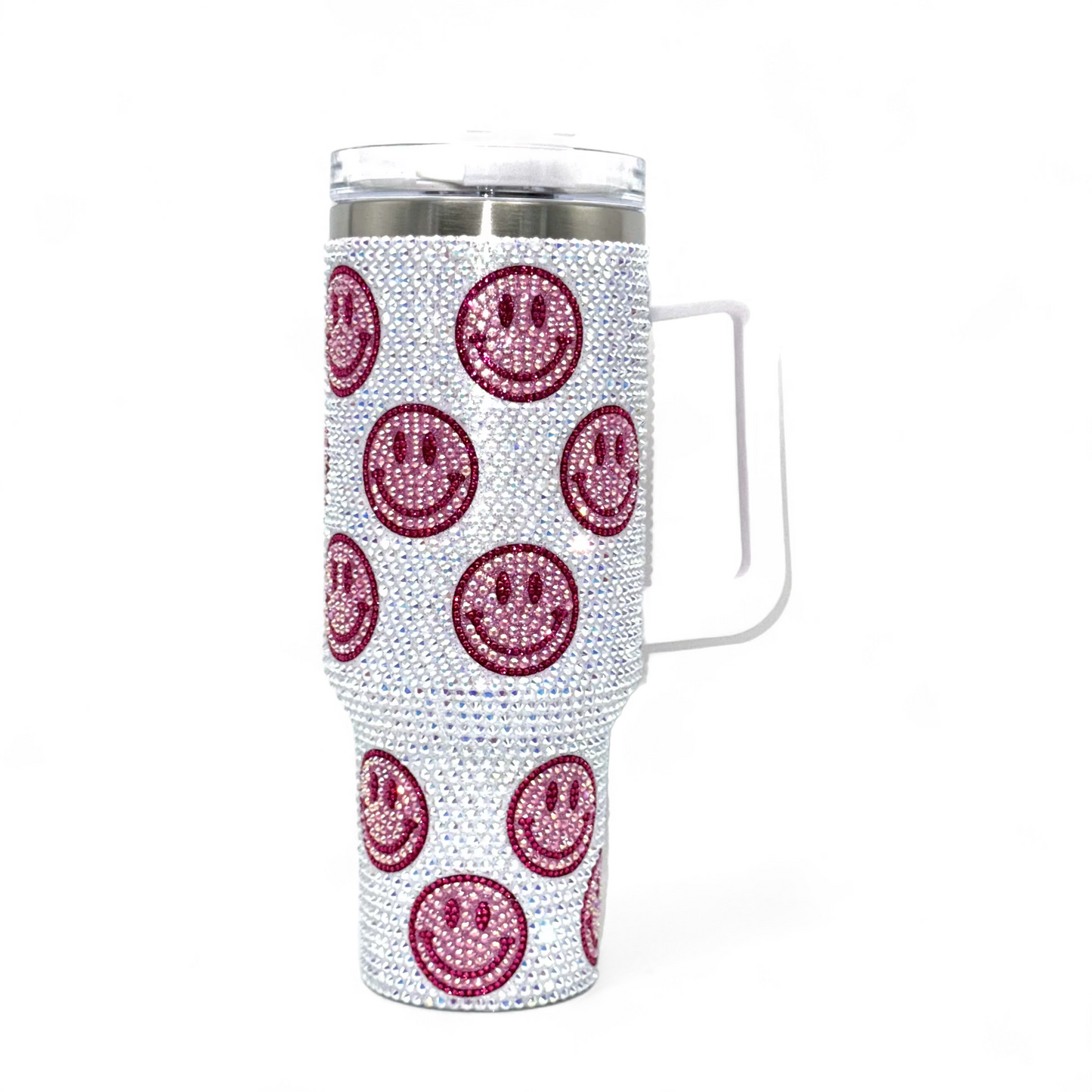 40oz Rhinestone Stainless Steel Insulated Travel Tumbler with Handle - White & Pink Happy Face (Copy)