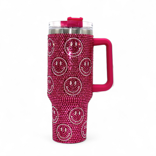 40oz Rhinestone Stainless Steel Insulated Travel Tumbler with Handle - Hot Pink Happy Face