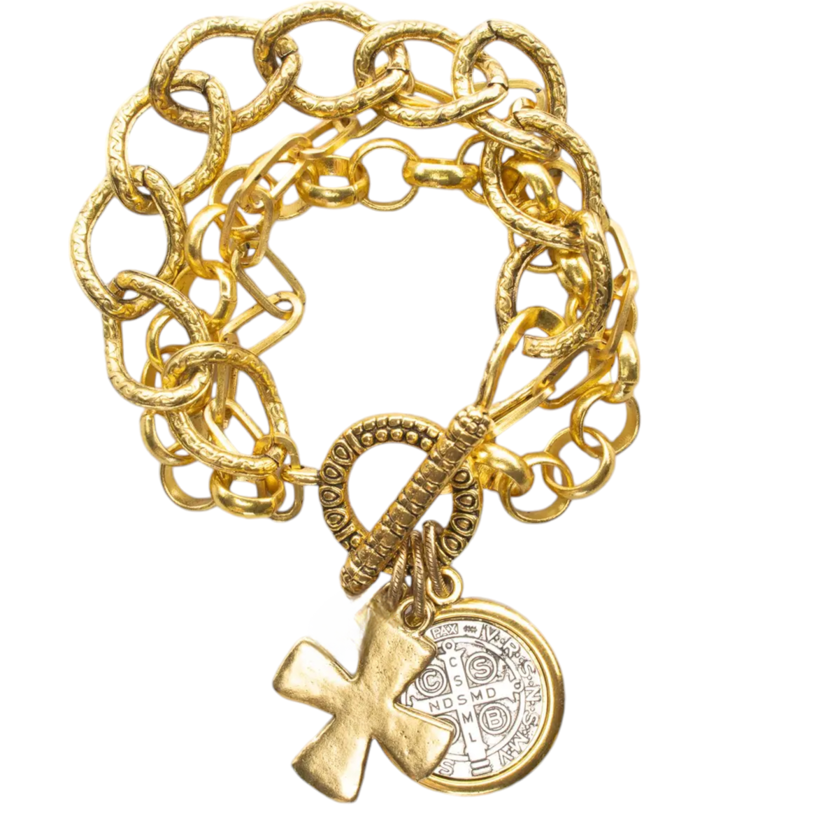 St Benedict Triple Strand Cross Charm Bracelet