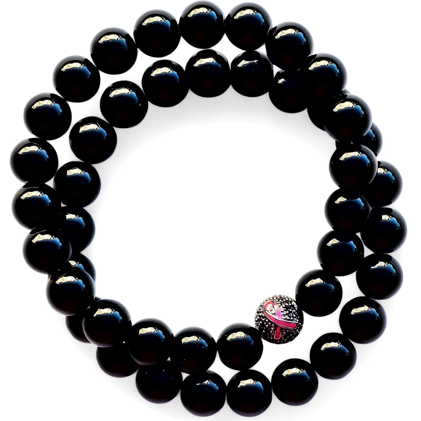 Black Tourmaline Pink Ribbon Reiki Healing Beaded Gemstone Bracelet Stack