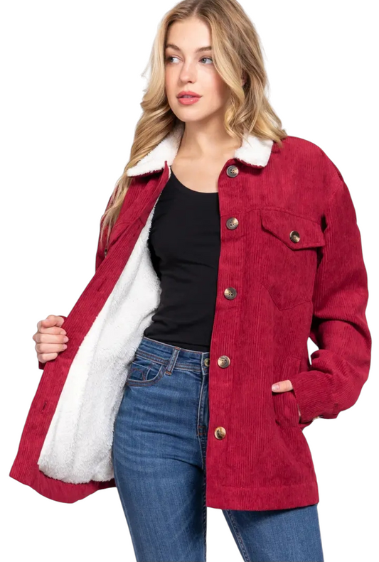 Faux Fur Lining Corduroy Jacket - Multiple Colors Available