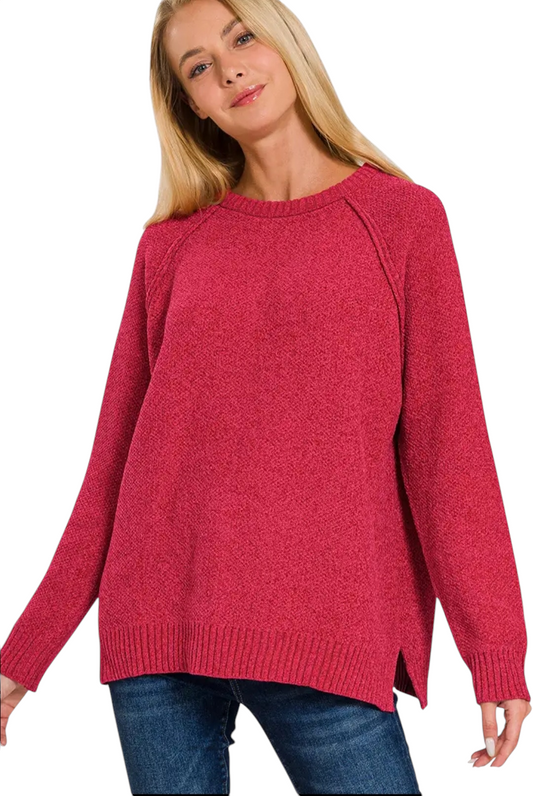 Round Neck Raglan Chenille Sweater