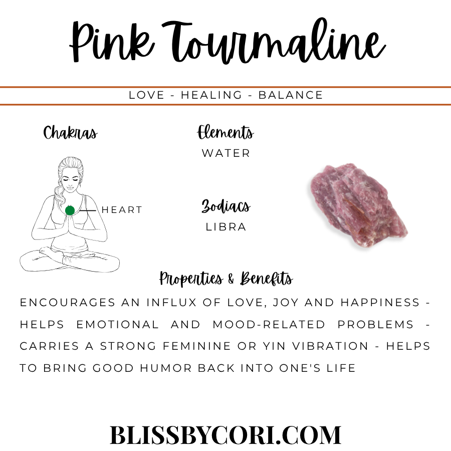 Pink Tourmaline crystal properties infographic — Love, Healing, Balance — Heart Chakra, Water element, Libra zodiac | BlissByCori.com