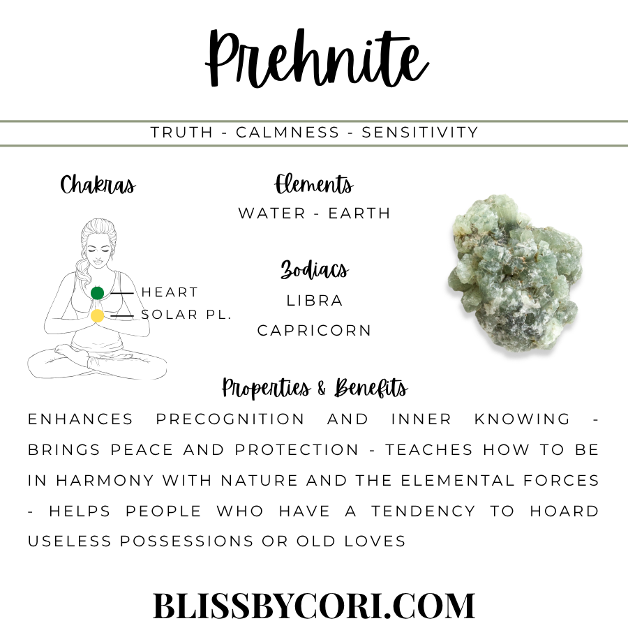 Prehnite gemstone story card describing its traditional associations and symbolism | Bliss by Cori
