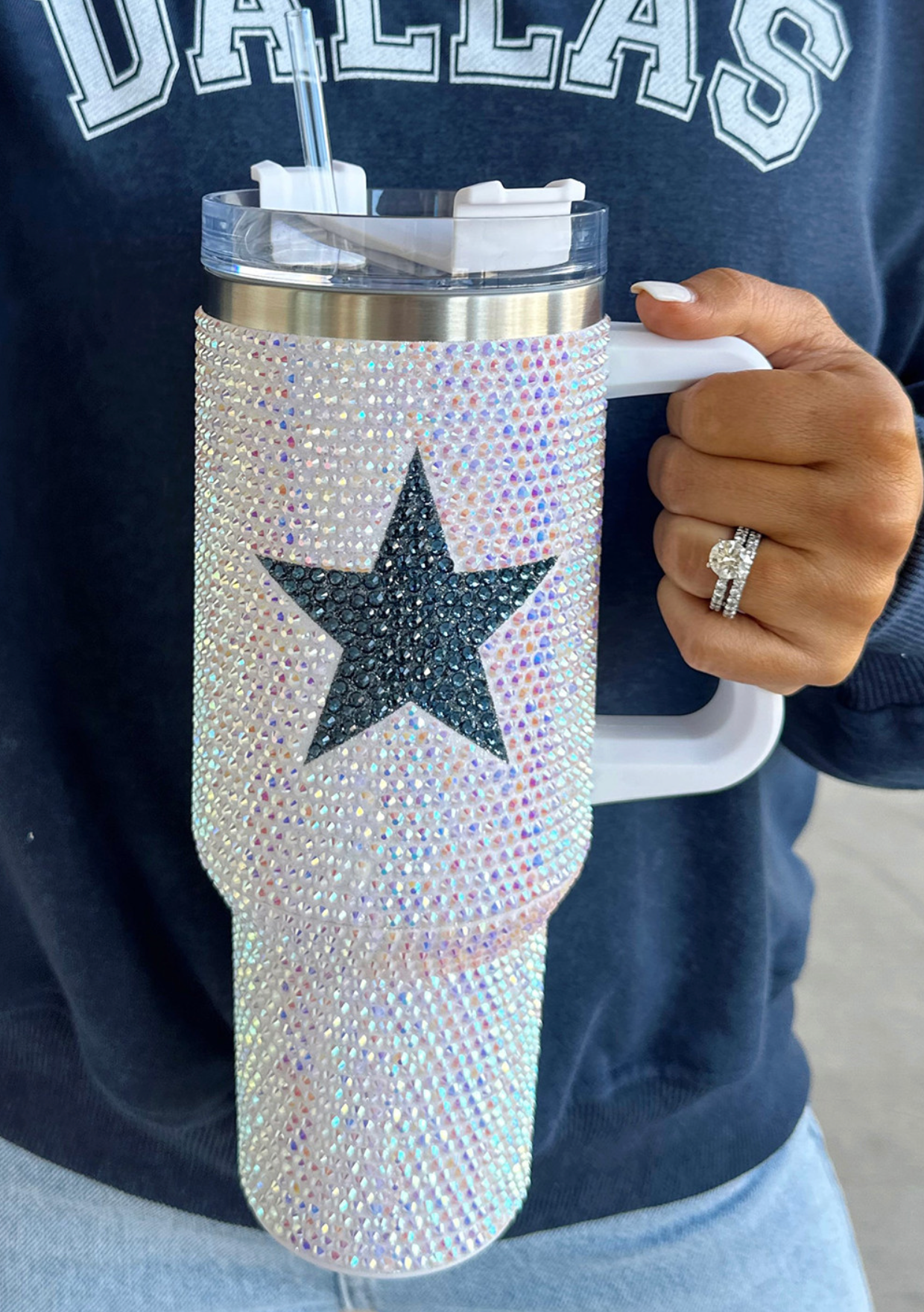 40oz Rhinestone Stainless Steel Insulated Travel Tumbler with Handle - Blue Star