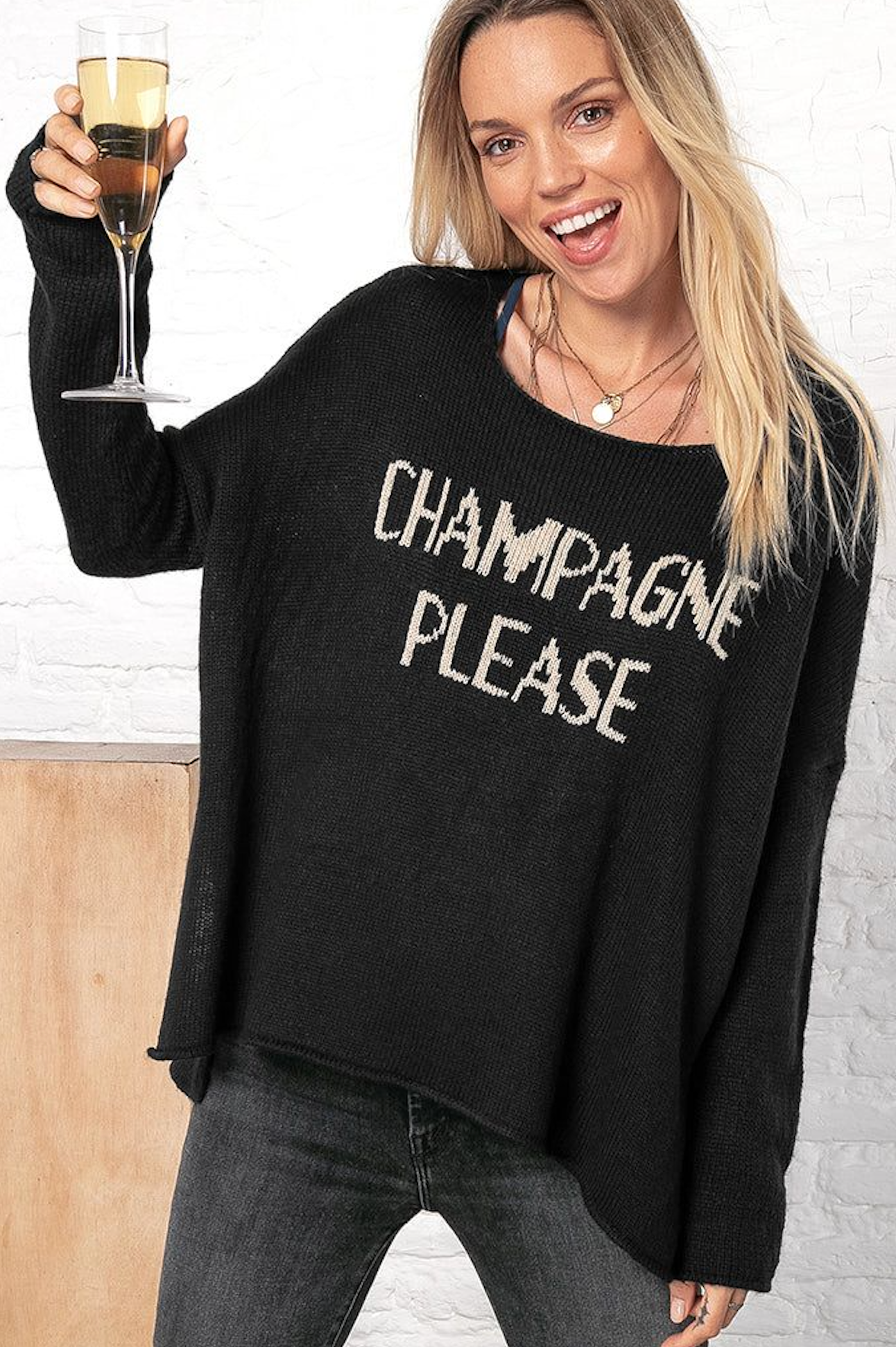 Champagne Please Crew Lightweight Sweater