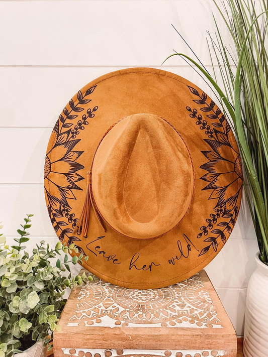 Leave Her Wild Floral Burned Hat, Floral Engraved Cowboy Hat, Sunflower Hat, Sunflower Burned Fedora, Engraved Suede Hat, Boho Hat, Vegan Suede