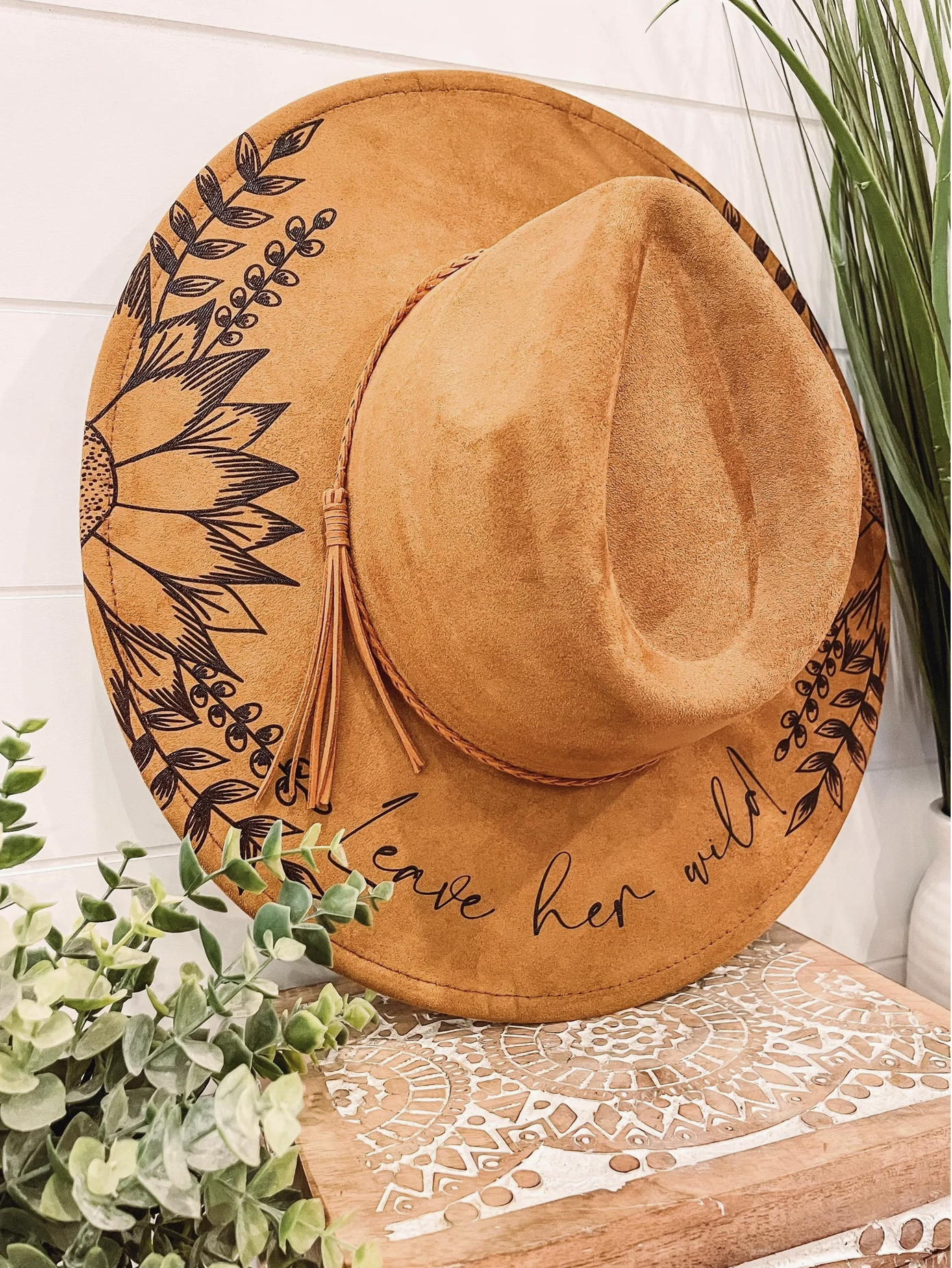 Leave Her Wild Floral Burned Hat, Floral Engraved Cowboy Hat, Sunflower Hat, Sunflower Burned Fedora, Engraved Suede Hat, Boho Hat, Vegan Suede