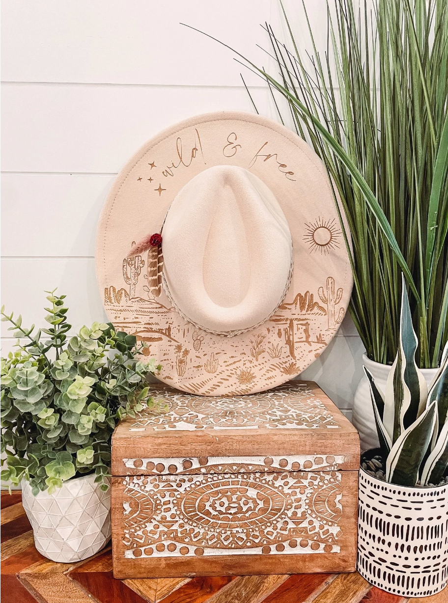 Wild & Free Desert Cactus Floral Burned Hat, Floral Engraved Cowboy Hat, Sunflower Hat, Sunflower Burned Fedora, Engraved Suede Hat, Boho Hat, Vegan Suede