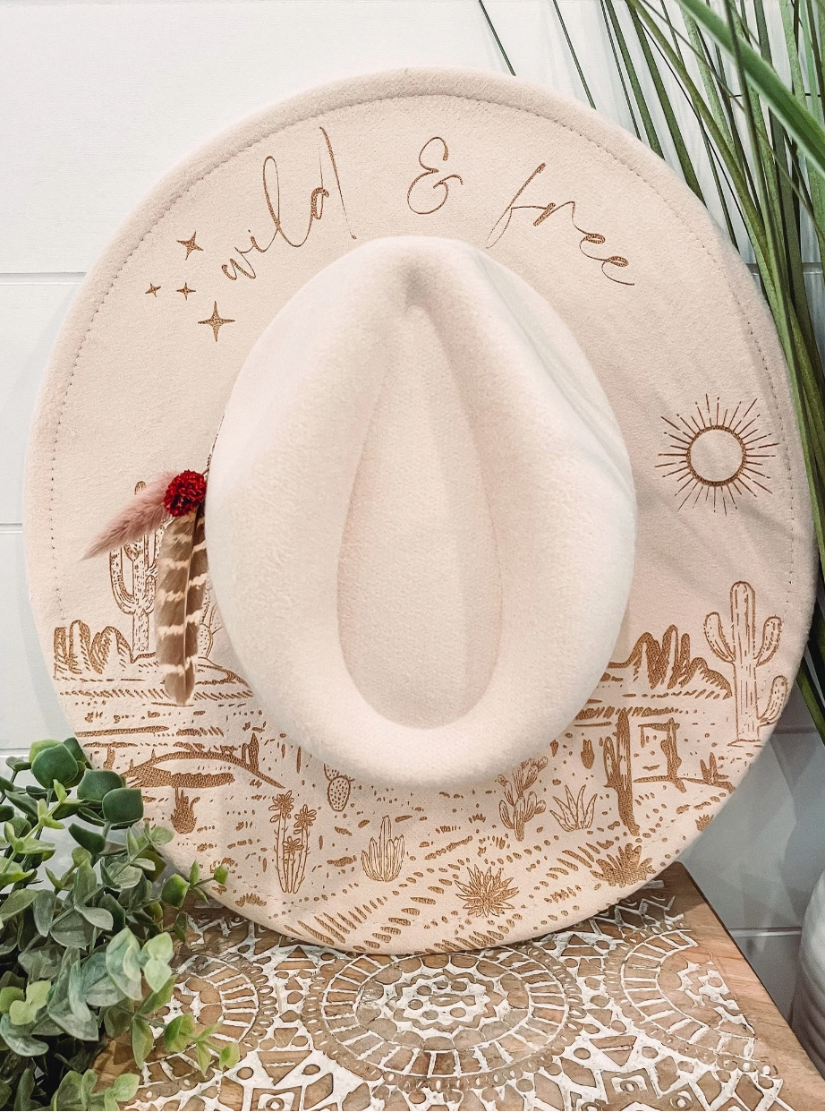 Wild & Free Desert Cactus Floral Burned Hat, Floral Engraved Cowboy Hat, Sunflower Hat, Sunflower Burned Fedora, Engraved Suede Hat, Boho Hat, Vegan Suede