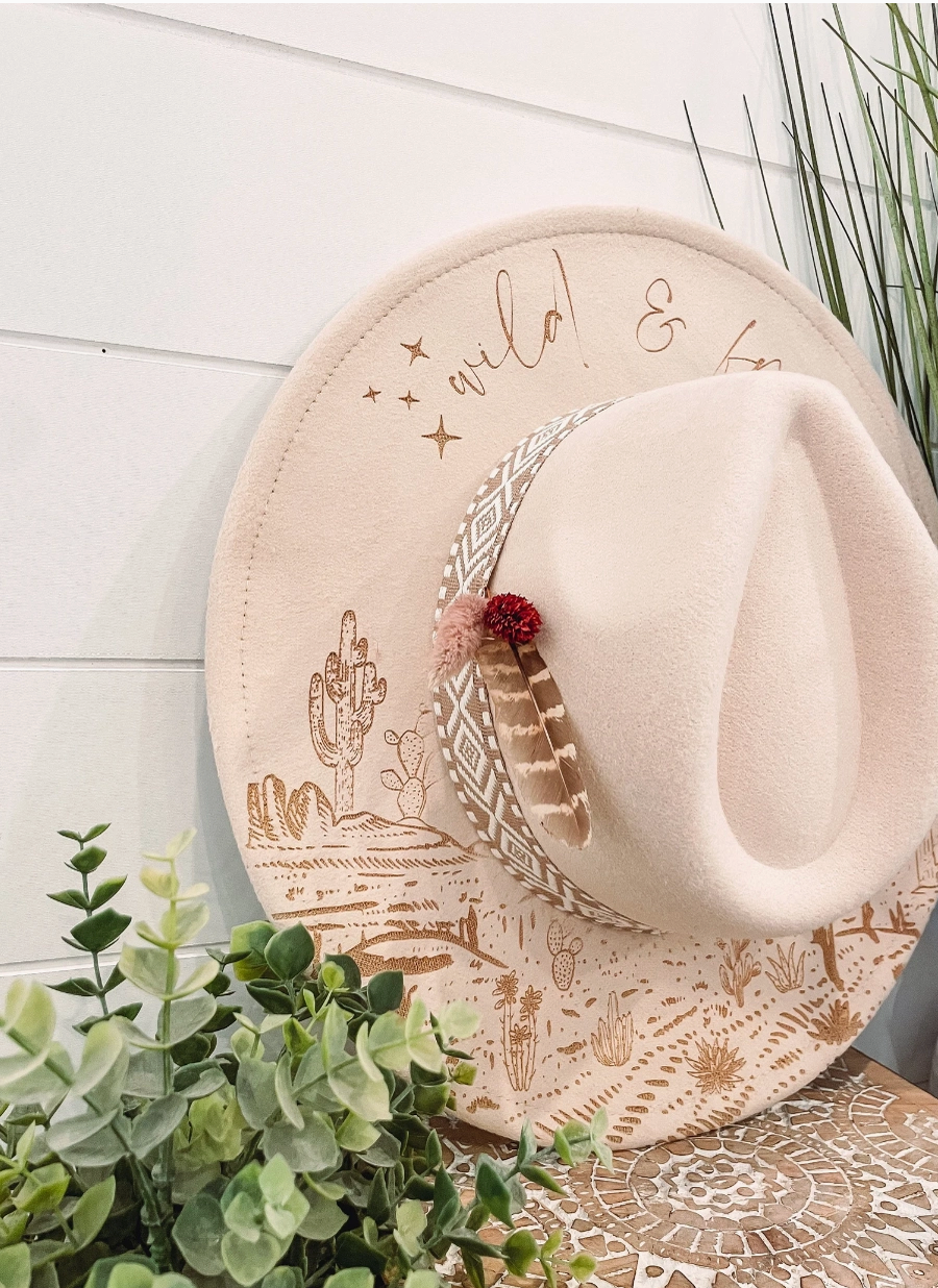 Wild & Free Desert Cactus Floral Burned Hat, Floral Engraved Cowboy Hat, Sunflower Hat, Sunflower Burned Fedora, Engraved Suede Hat, Boho Hat, Vegan Suede