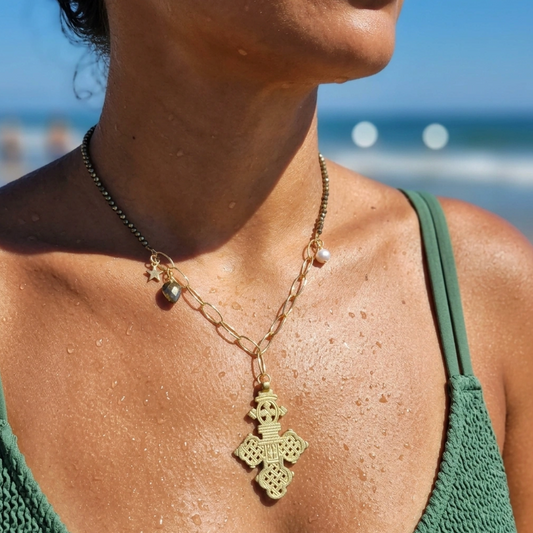 Long Layered Pyrite Boho Necklace