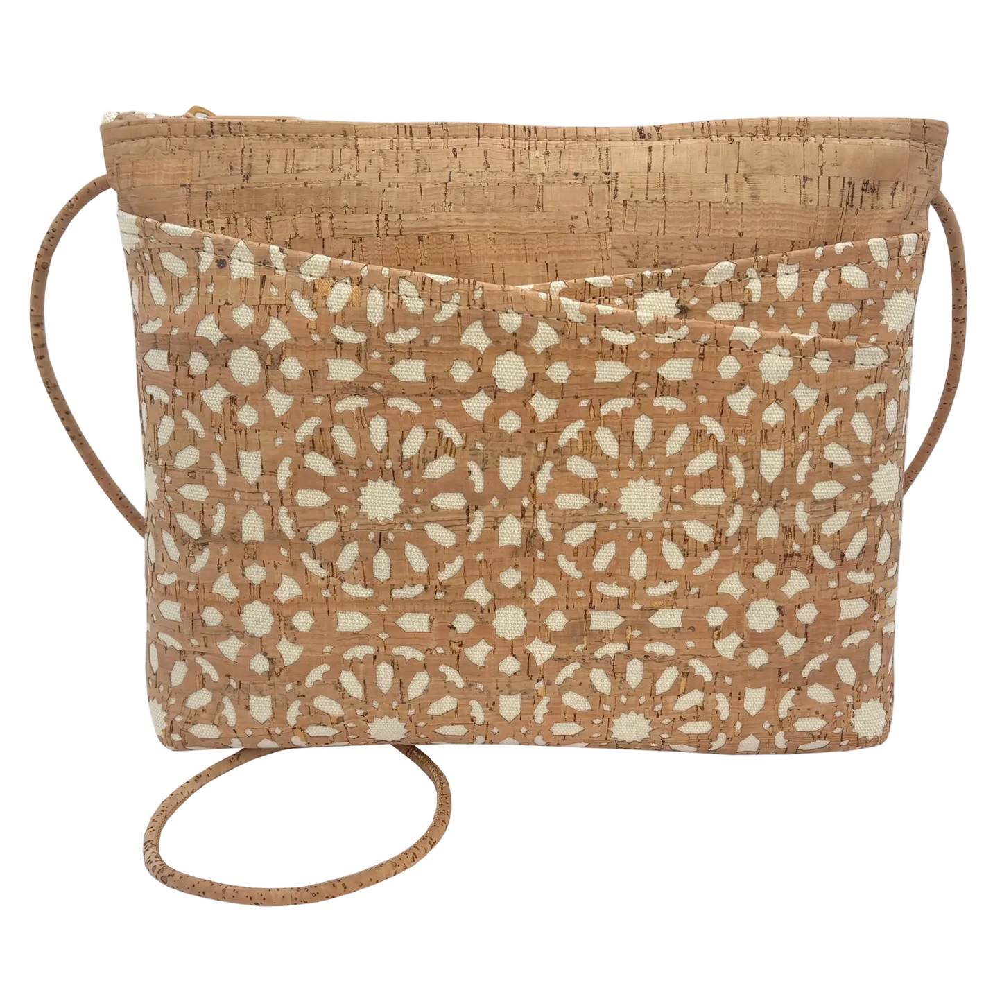 Large Cork Zip Top Cross Body | Cream Mandala Die Cut Cork