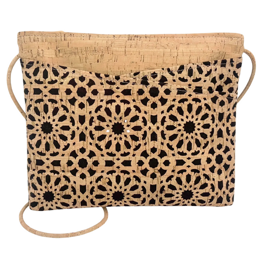 Large Cork Zip Top Cross Body | Black Mandala Die Cut Cork