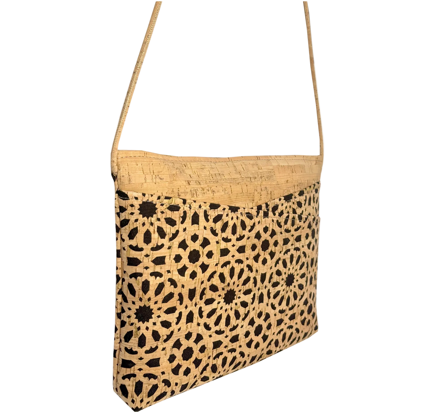 Large Cork Zip Top Cross Body | Black Mandala Die Cut Cork