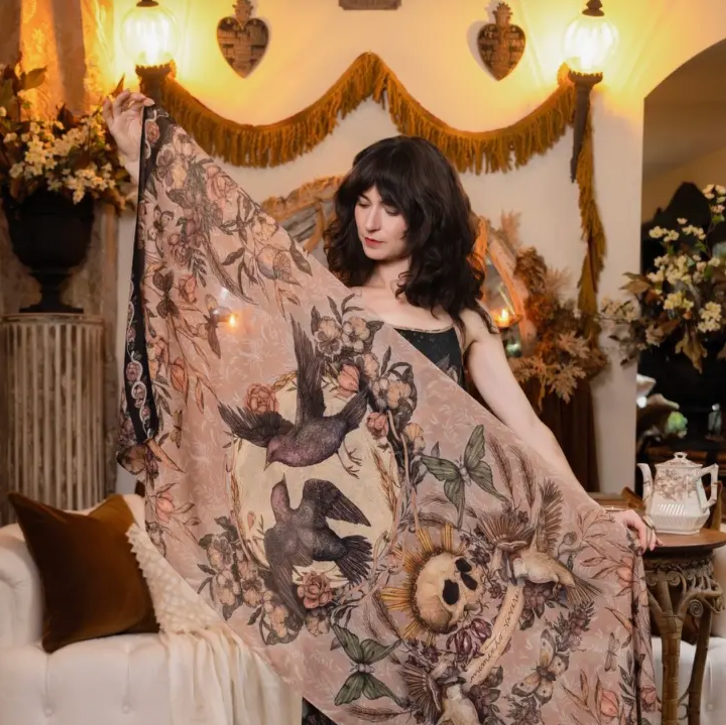 Momento Bohemian Scarf w/ Floral Print, Starling & Skull