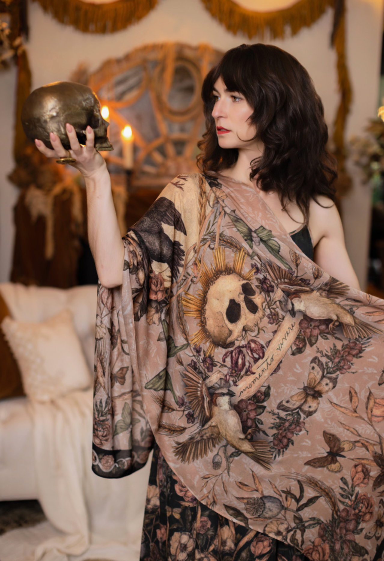 Momento Bohemian Scarf w/ Floral Print, Starling & Skull