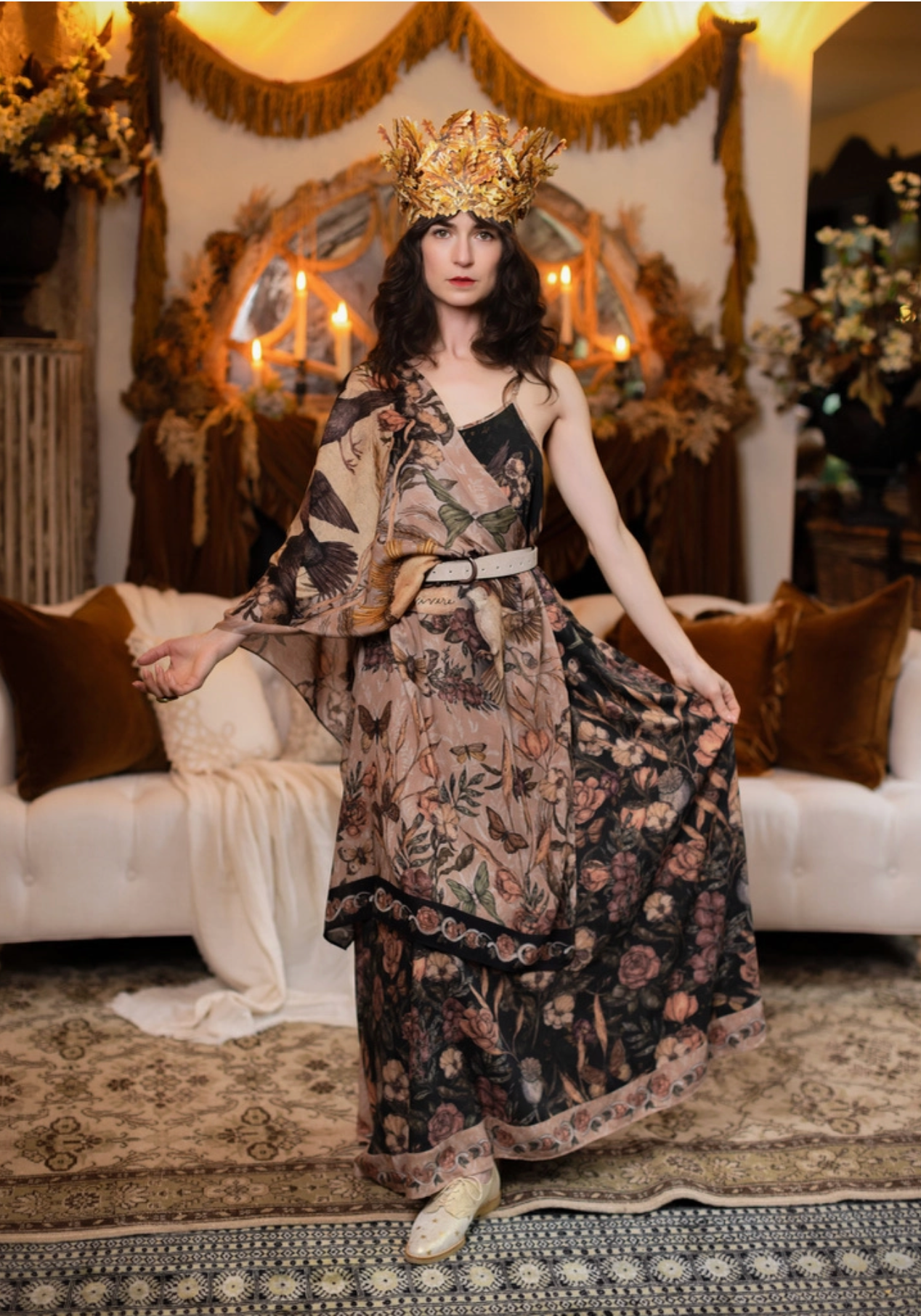 Momento Bohemian Scarf w/ Floral Print, Starling & Skull