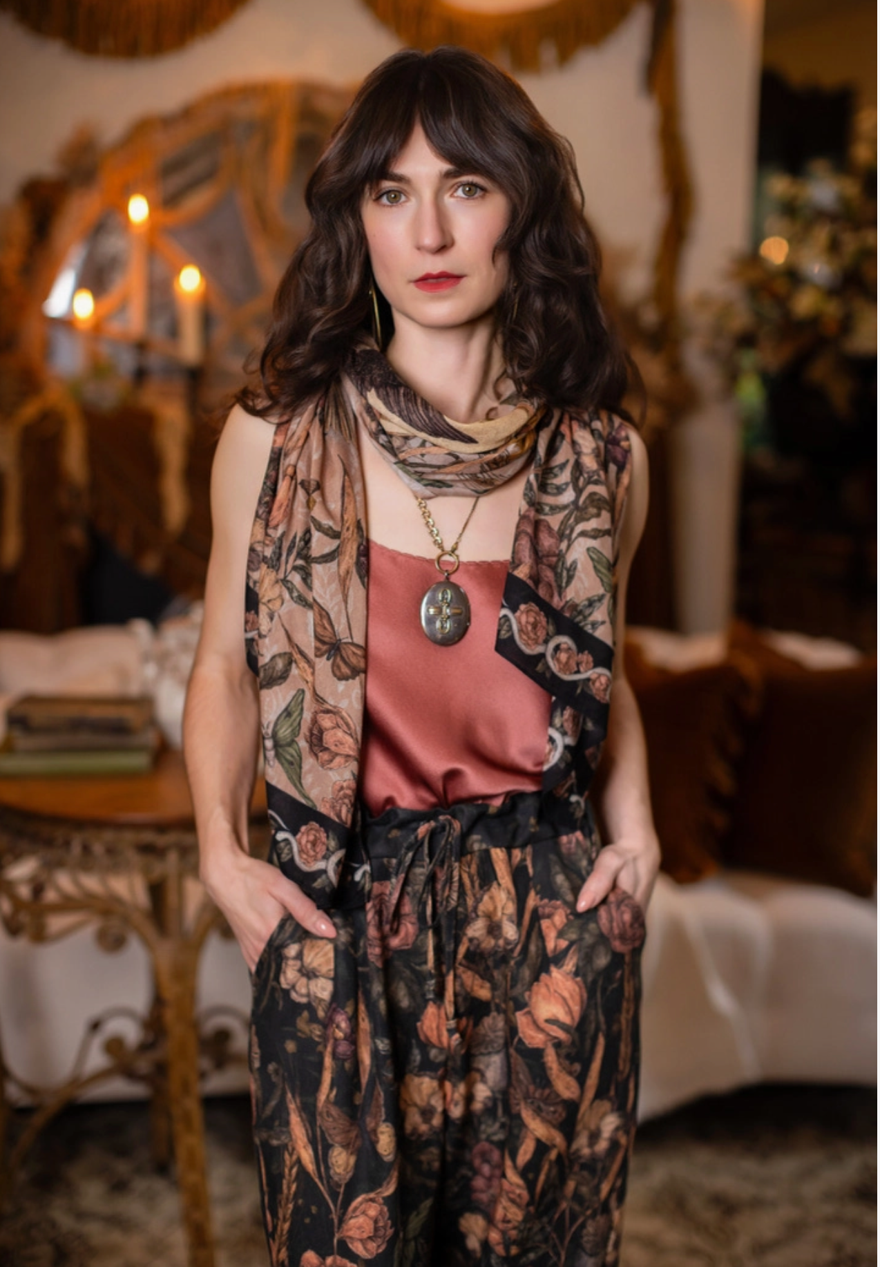 Momento Bohemian Scarf w/ Floral Print, Starling & Skull