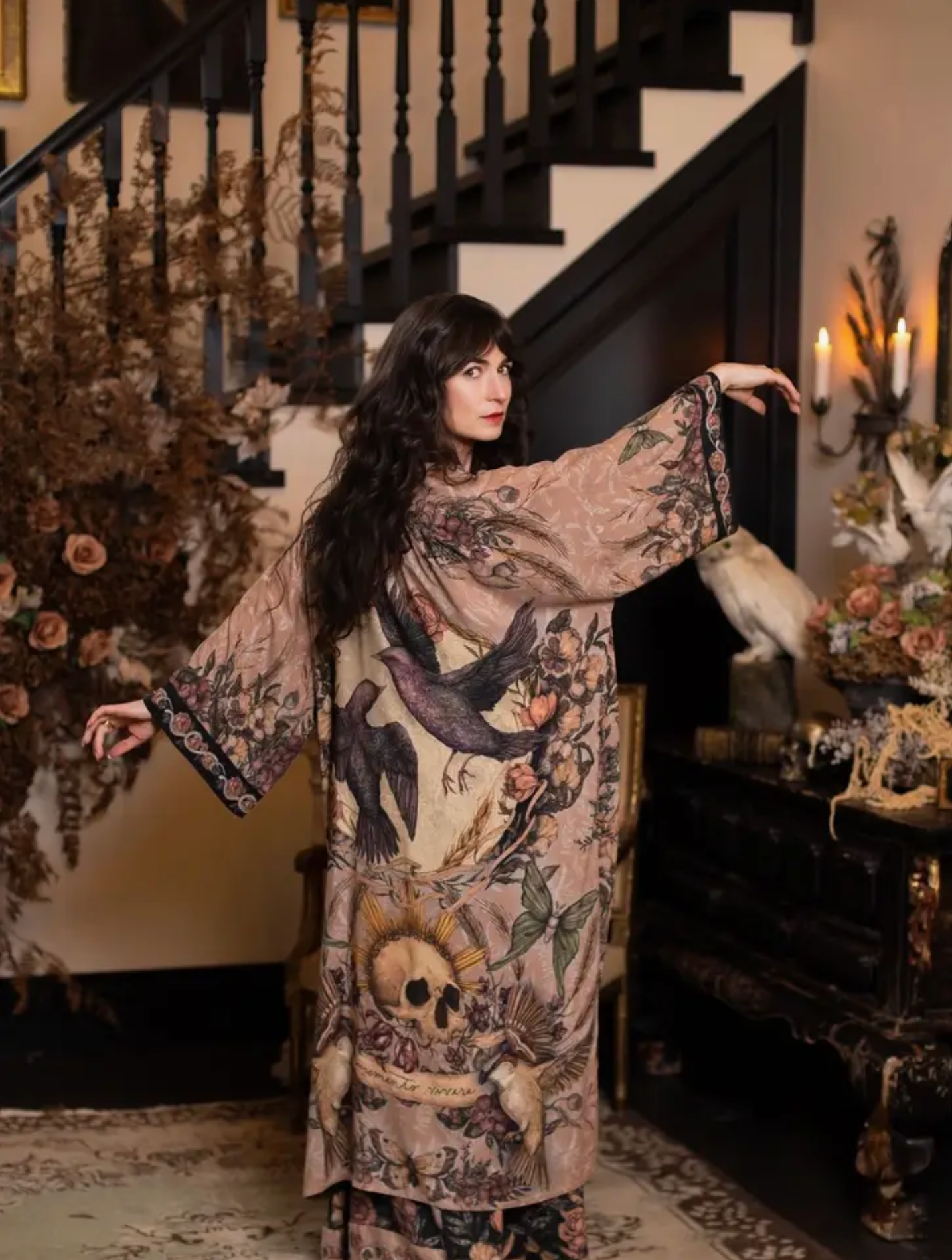 Momento Opera Duster Kimono Robe w/ Starling & Skull