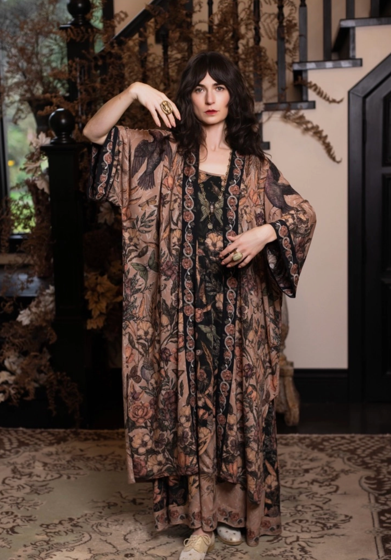 Momento Opera Duster Kimono Robe w/ Starling & Skull