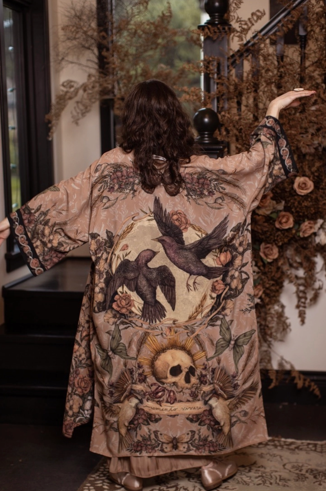 Momento Opera Duster Kimono Robe w/ Starling & Skull