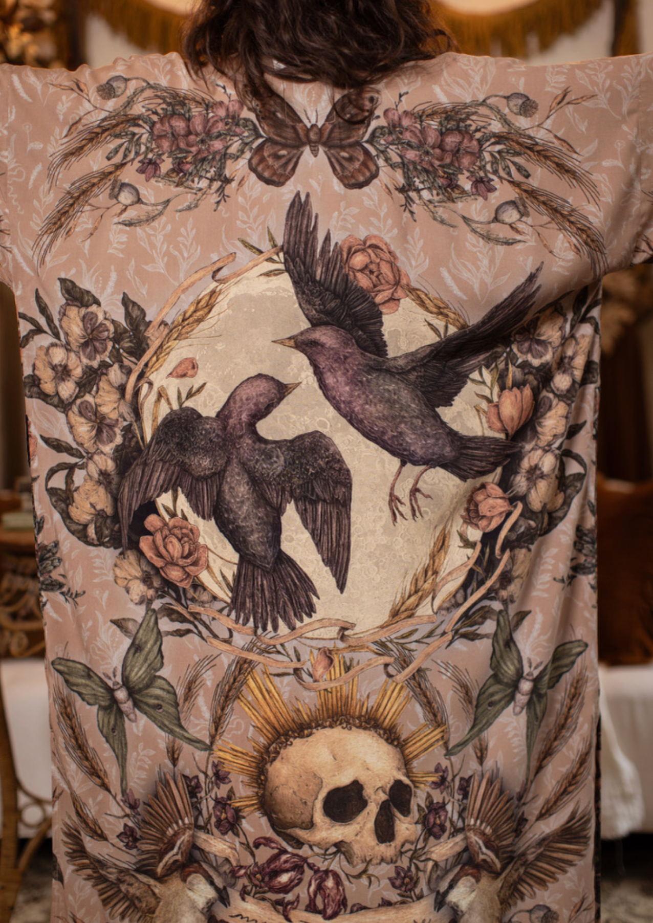 Momento Opera Duster Kimono Robe w/ Starling & Skull
