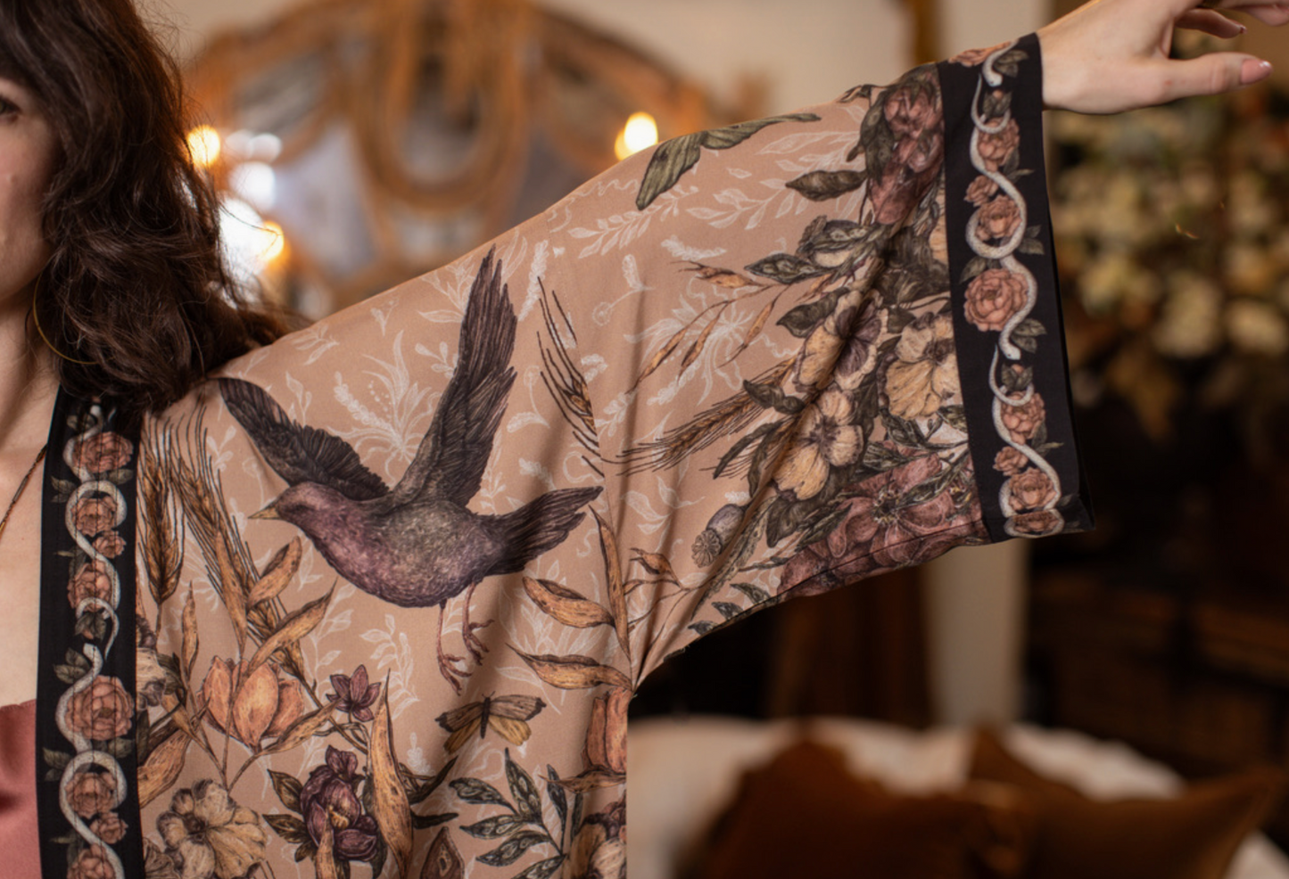 Momento Opera Duster Kimono Robe w/ Starling & Skull