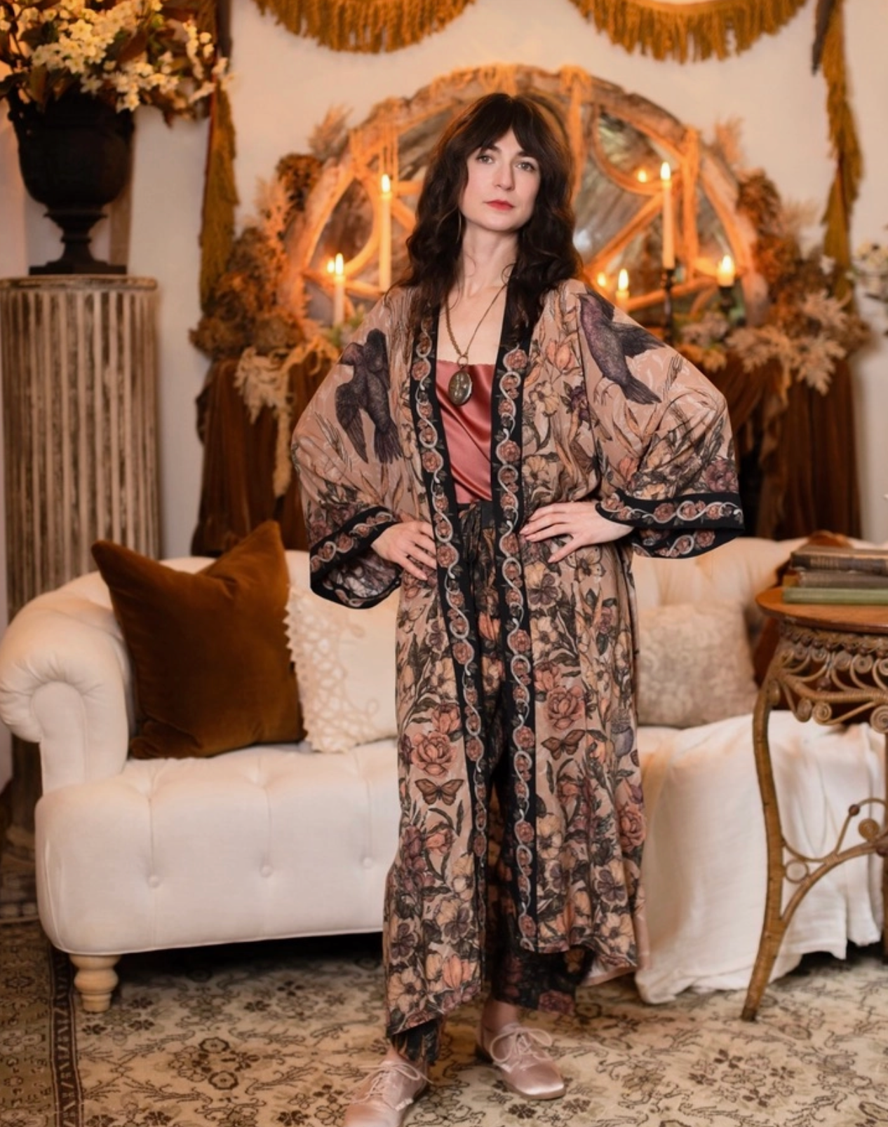 Momento Opera Duster Kimono Robe w/ Starling & Skull