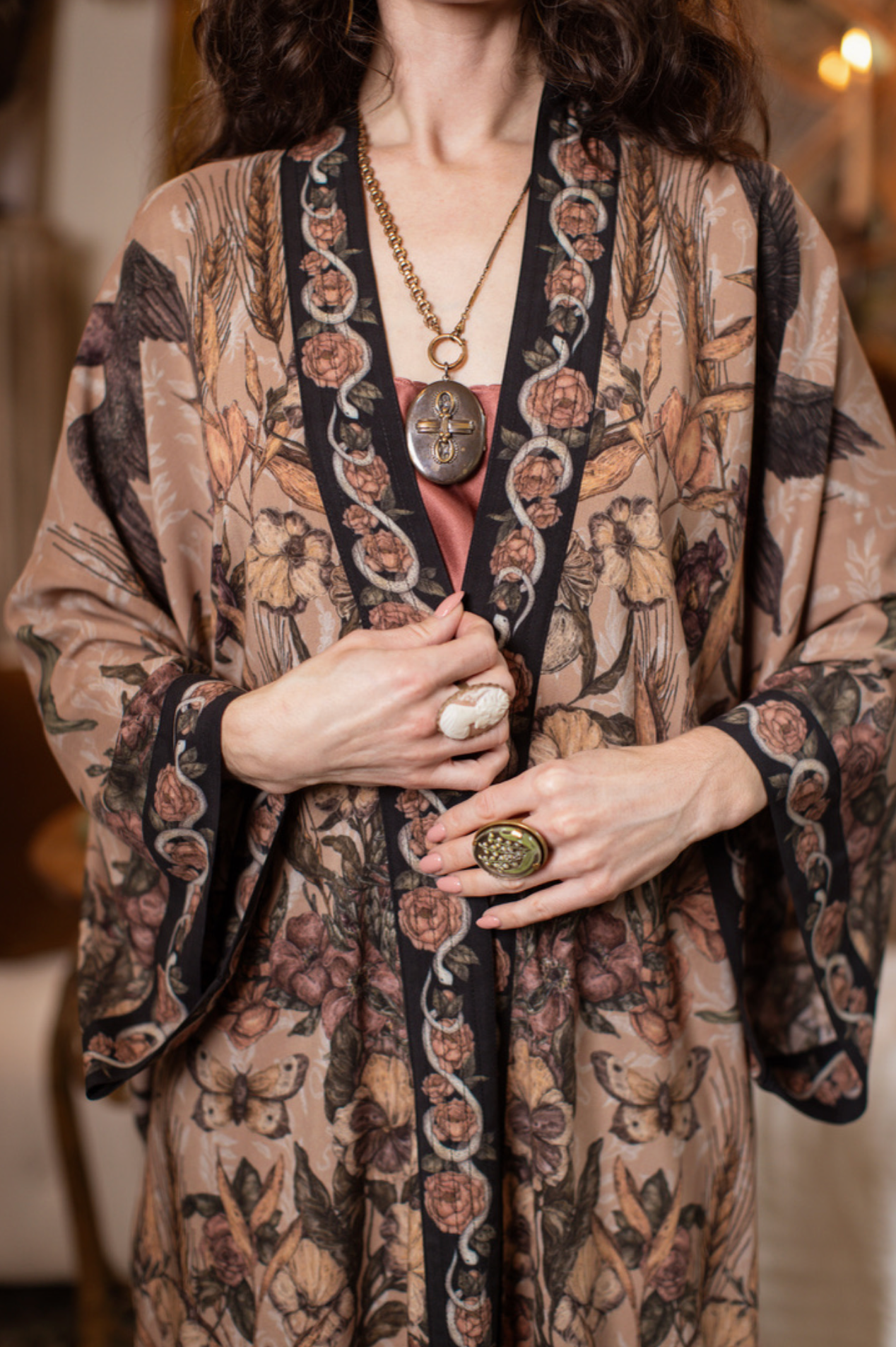 Momento Opera Duster Kimono Robe w/ Starling & Skull