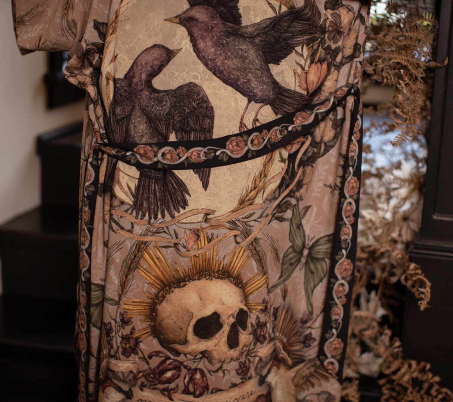 Momento Opera Duster Kimono Robe w/ Starling & Skull