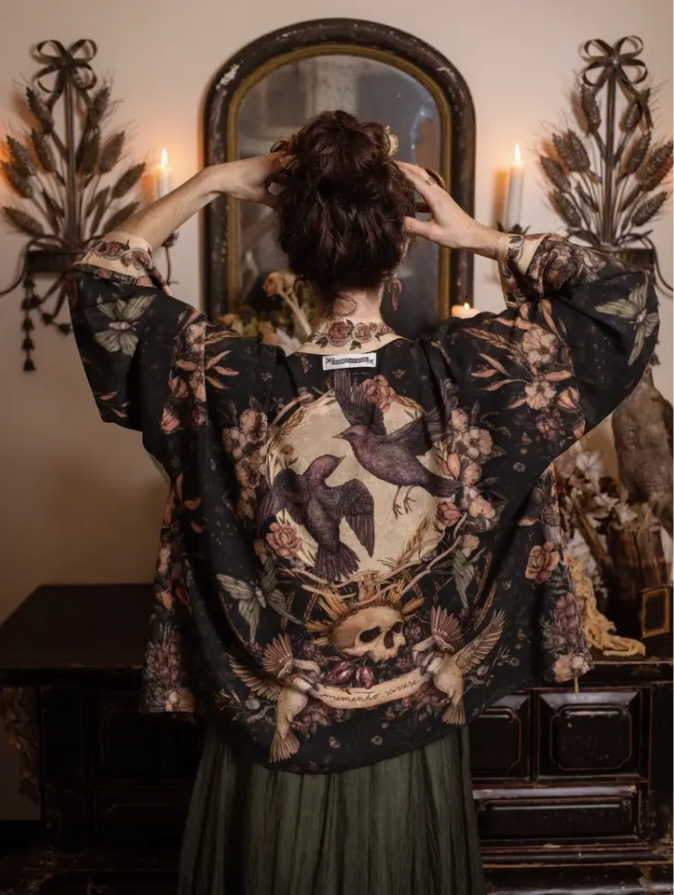 Momento Pixie Duster Crop Kimono w/ Floral, Starling & Skull