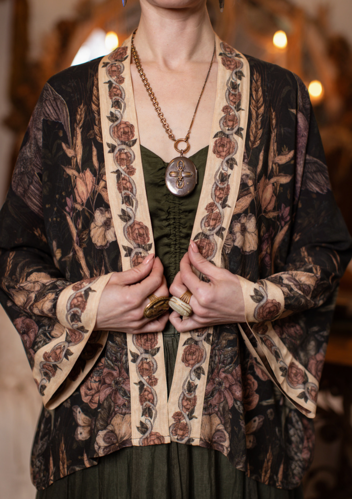 Momento Pixie Duster Crop Kimono w/ Floral, Starling & Skull