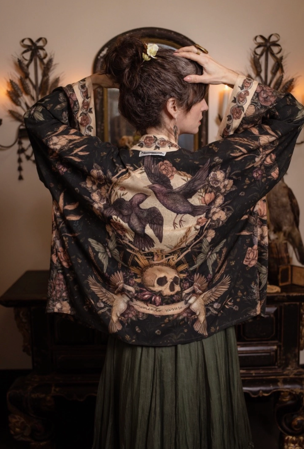 Momento Pixie Duster Crop Kimono w/ Floral, Starling & Skull