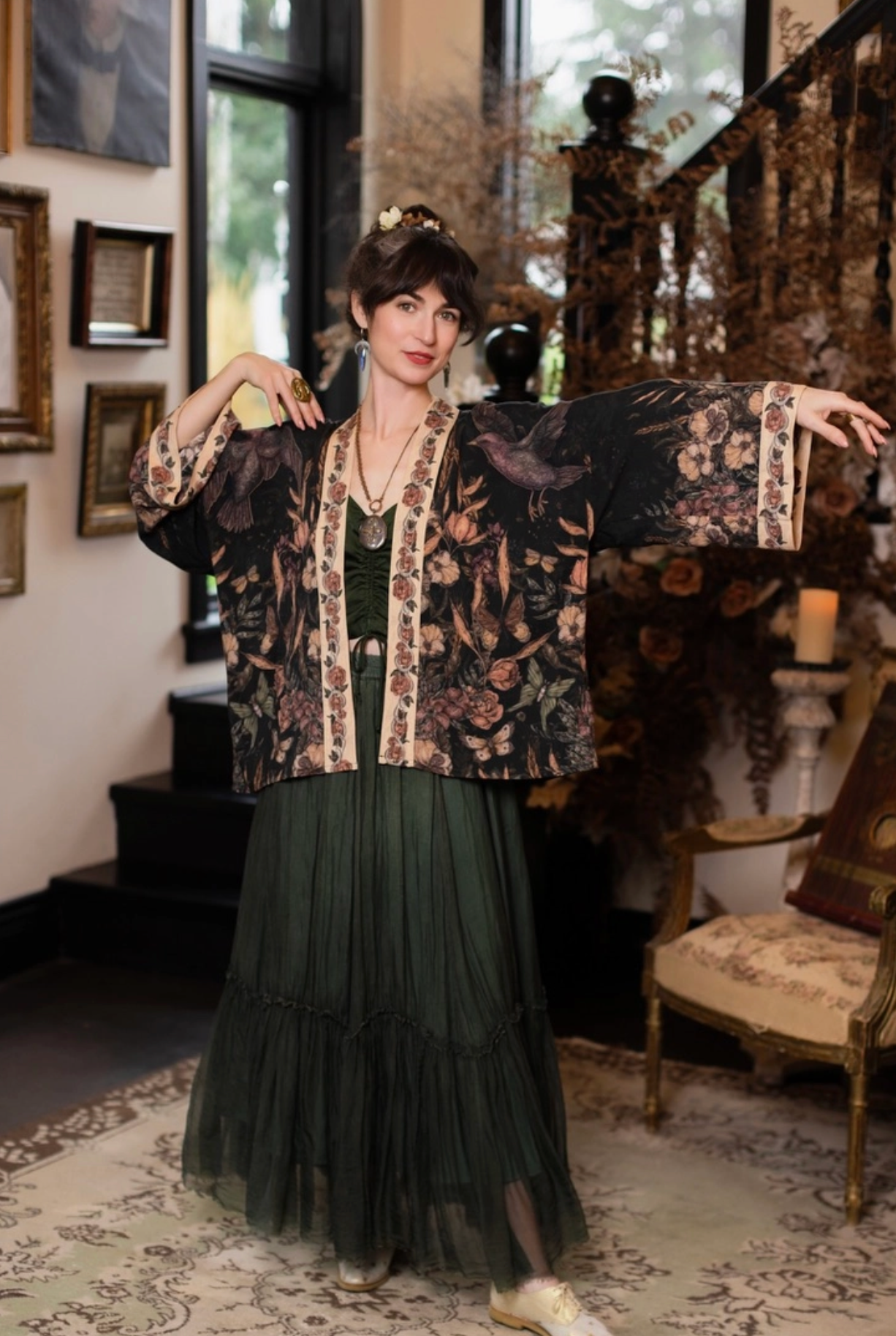 Momento Pixie Duster Crop Kimono w/ Floral, Starling & Skull