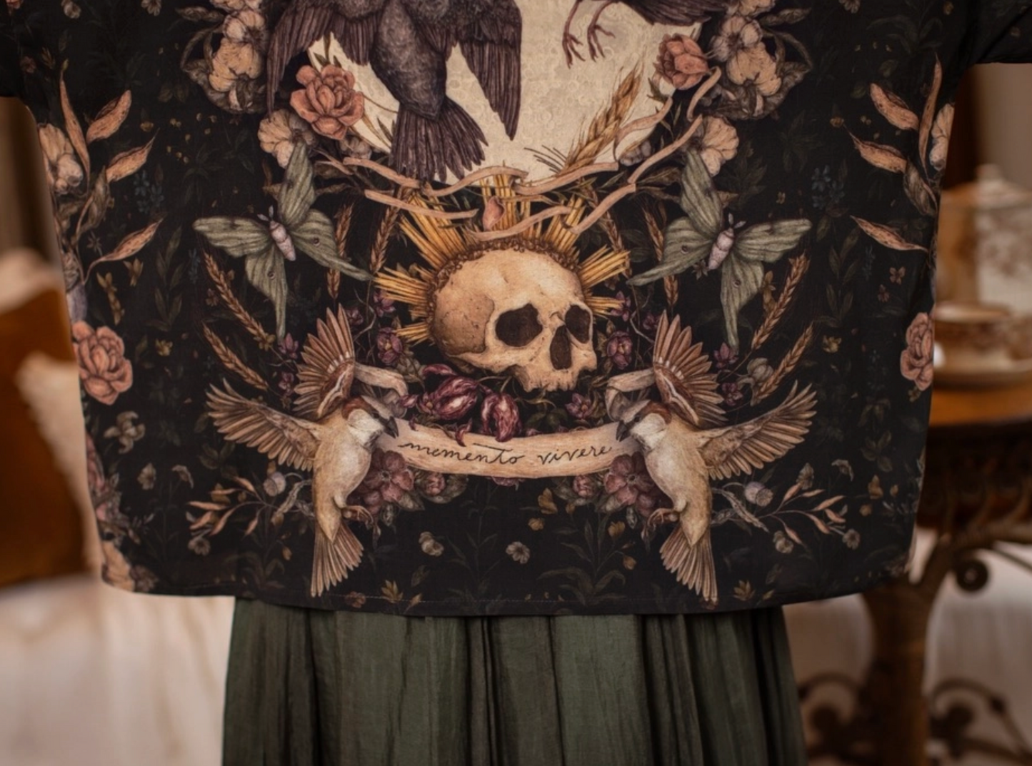 Momento Pixie Duster Crop Kimono w/ Floral, Starling & Skull