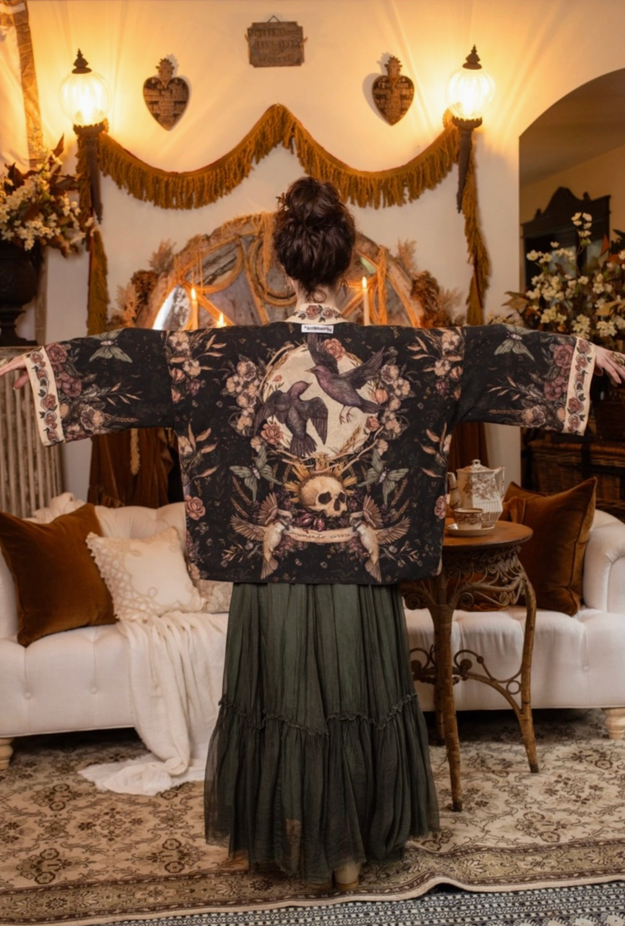 Momento Pixie Duster Crop Kimono w/ Floral, Starling & Skull