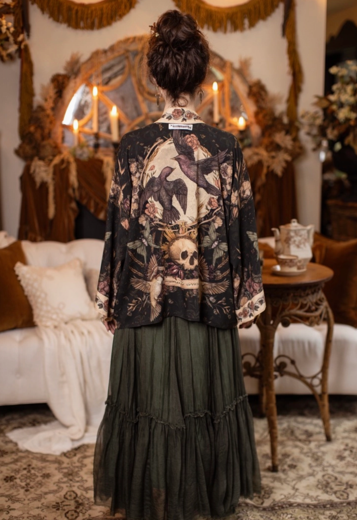 Momento Pixie Duster Crop Kimono w/ Floral, Starling & Skull