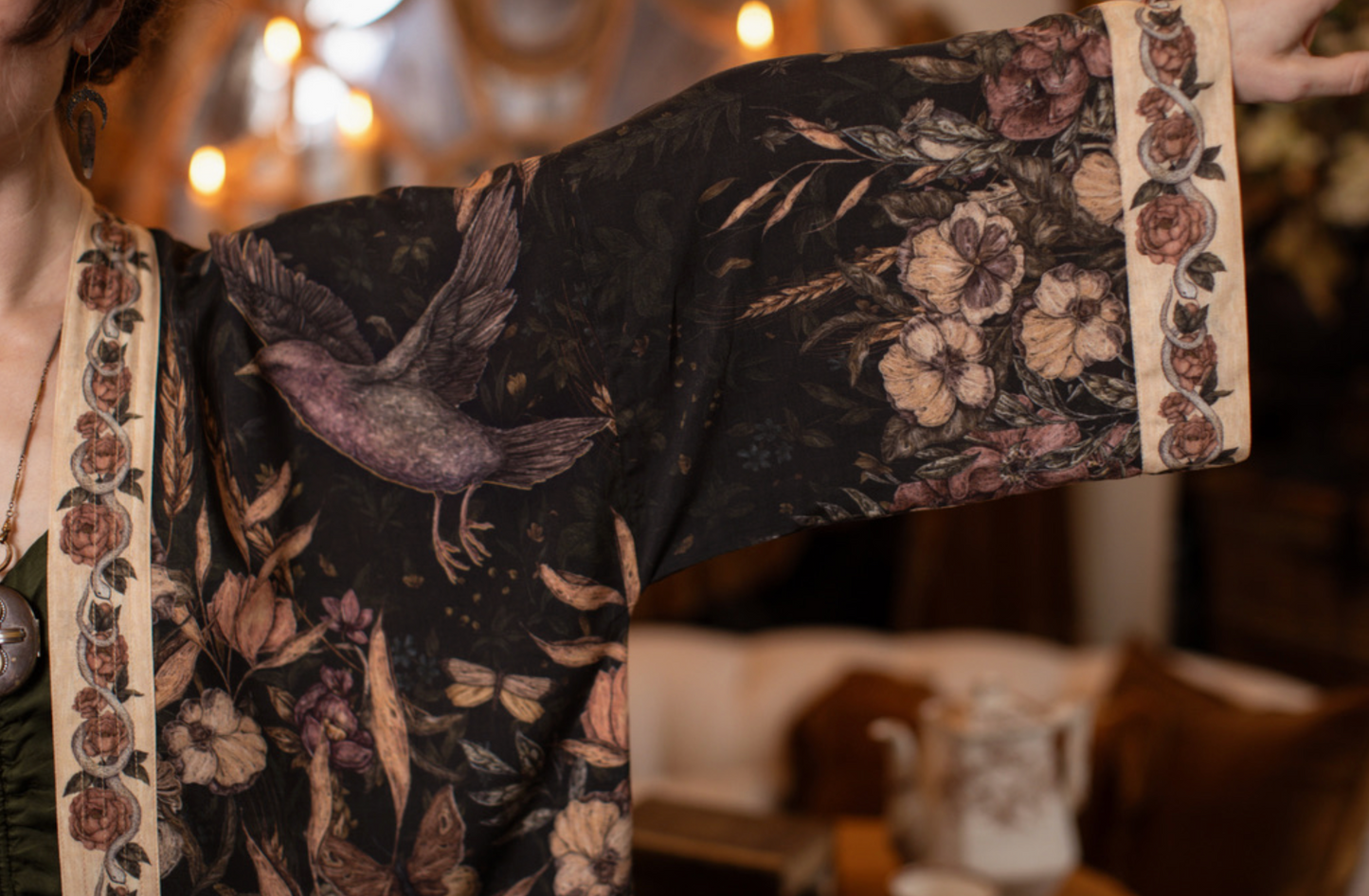 Momento Pixie Duster Crop Kimono w/ Floral, Starling & Skull