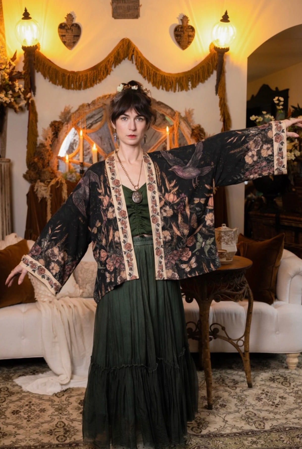 Momento Pixie Duster Crop Kimono w/ Floral, Starling & Skull