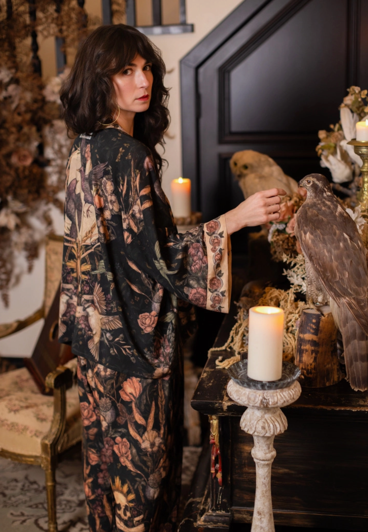 Momento Pixie Duster Crop Kimono w/ Floral, Starling & Skull