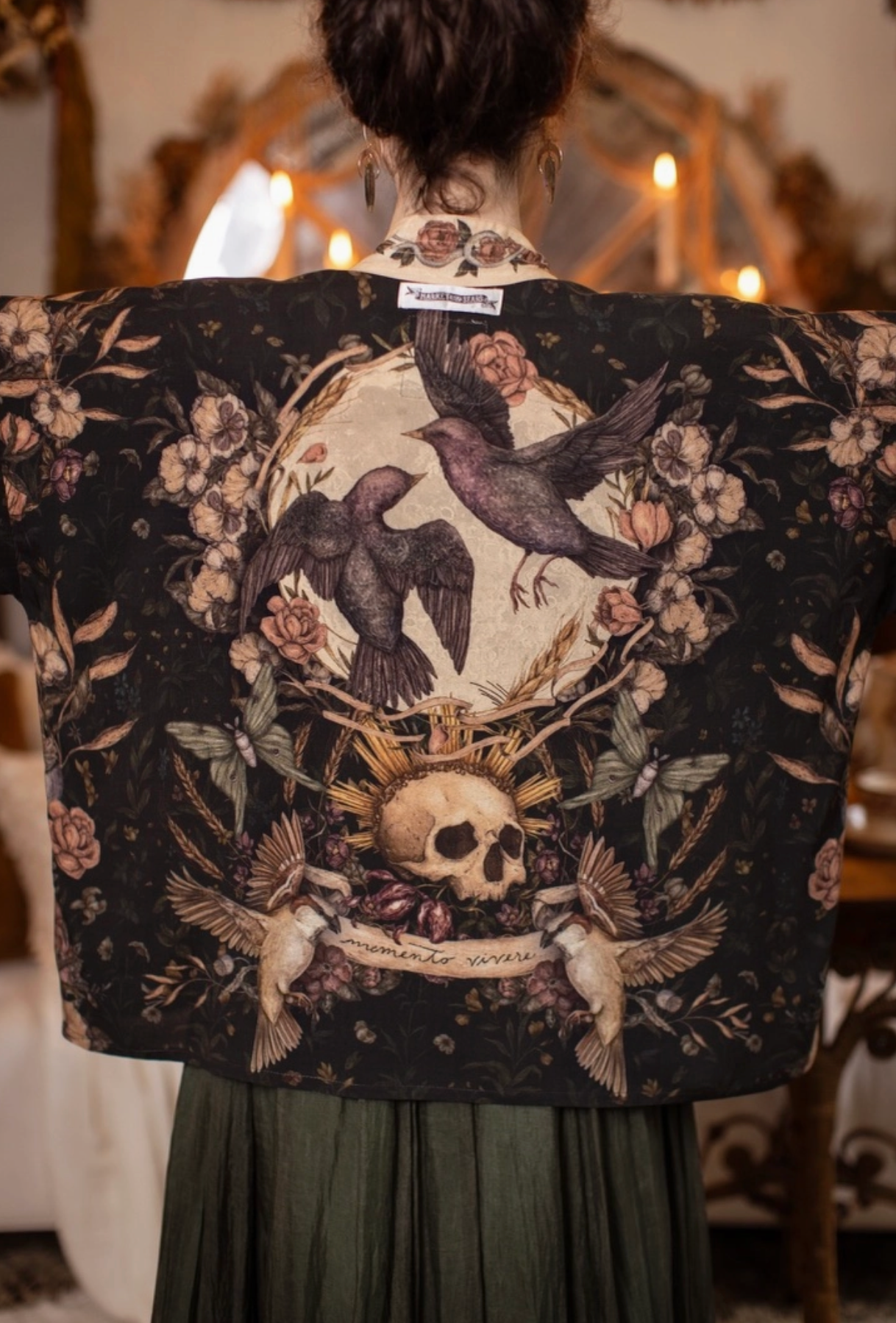 Momento Pixie Duster Crop Kimono w/ Floral, Starling & Skull