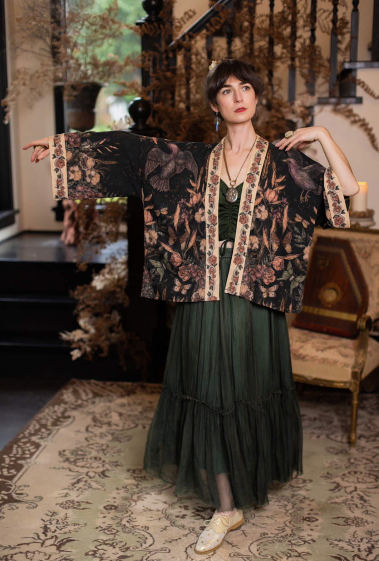 Momento Pixie Duster Crop Kimono w/ Floral, Starling & Skull