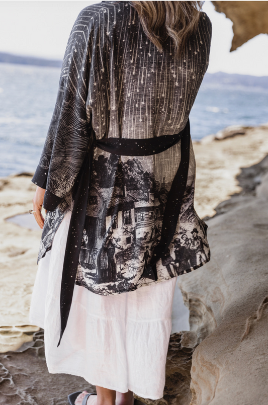 Close-up of Stargazer Matineé Duster celestial meteor shower print detail — black and white viscose kimono duster | Bliss by Cori Boutique