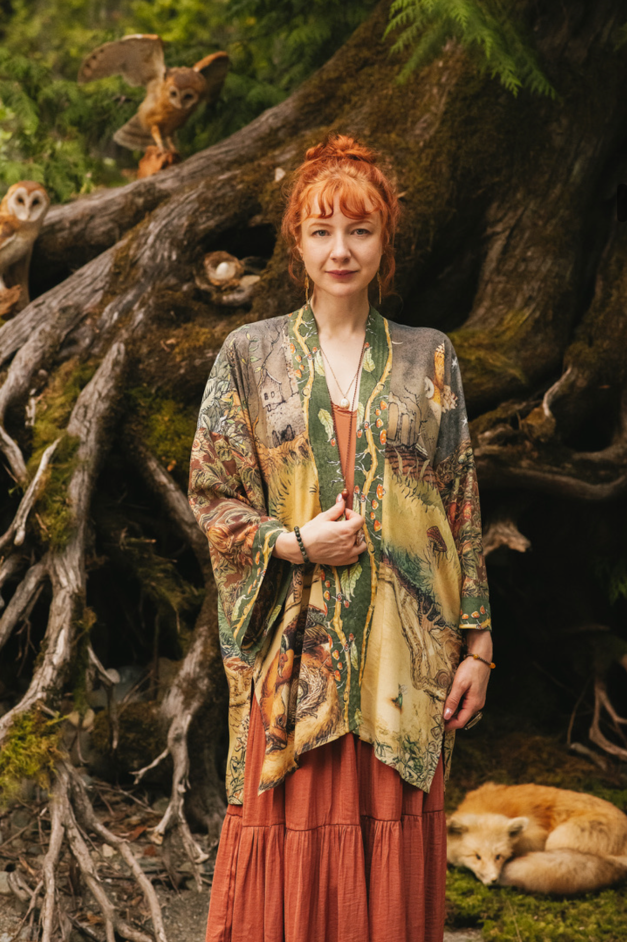 Woodland Wisdom Matinée Duster w/ Florals, Fox & Owl