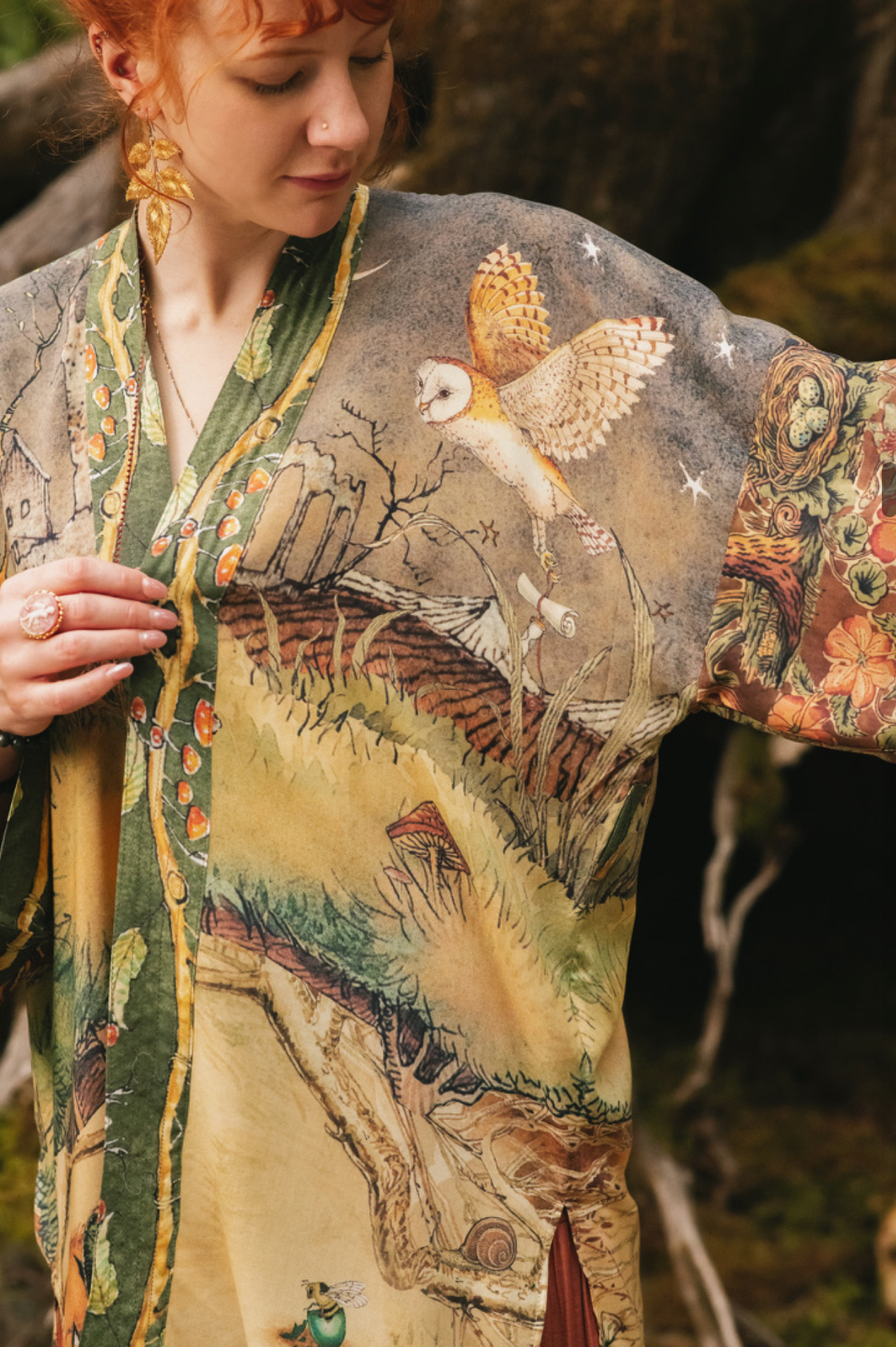 Woodland Wisdom Matinée Duster w/ Florals, Fox & Owl