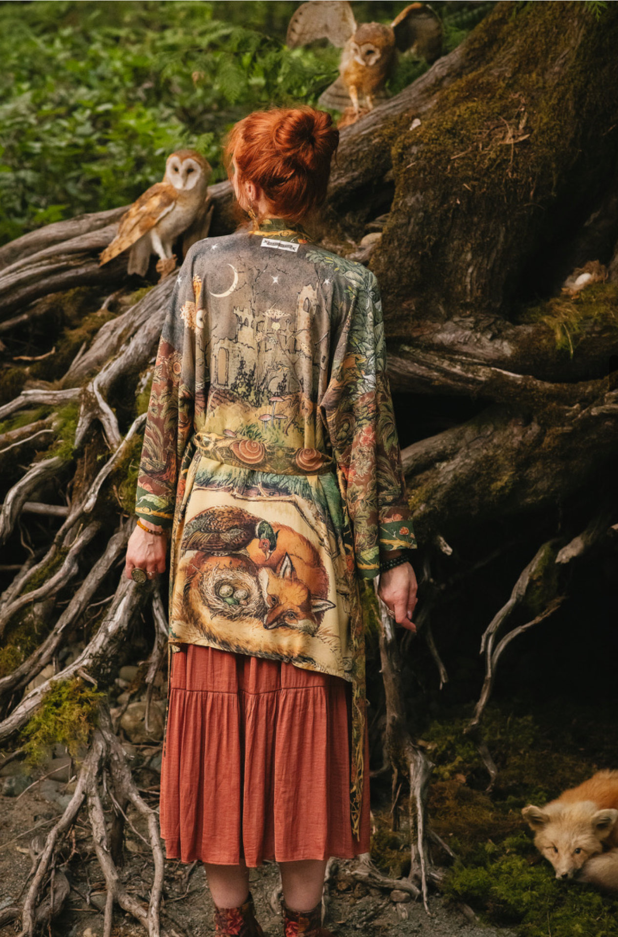 Woodland Wisdom Matinée Duster w/ Florals, Fox & Owl
